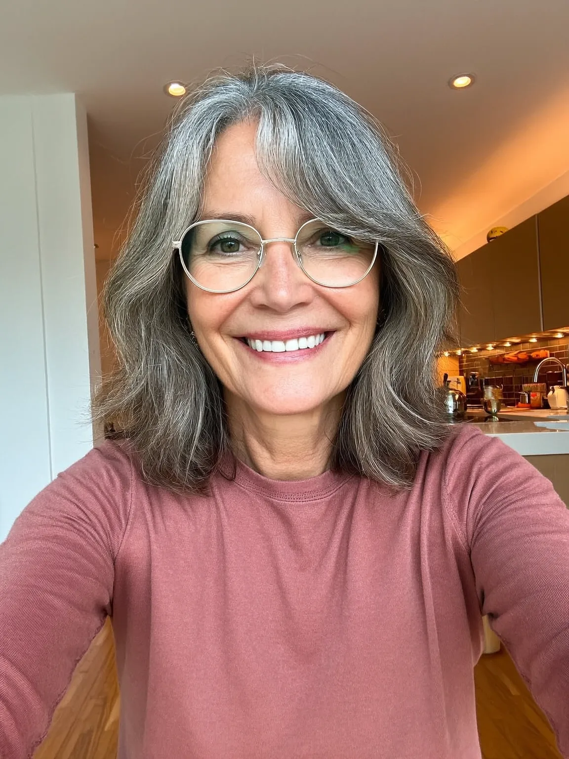Medium Layered Salt and Pepper Bob with Curtain Bangs